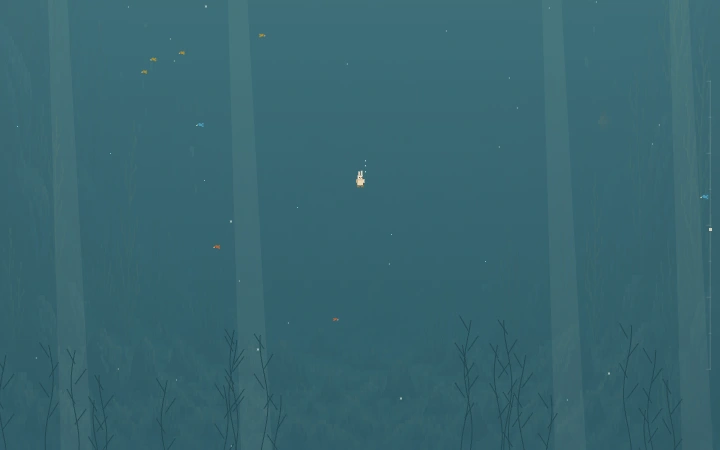 A diving rabbit explores blue water with bubbles and small sea creatures in Wonderhop Abyss mode.