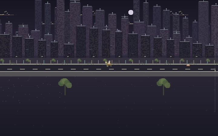 A rabbit’s time machine passes neon buildings under a purple sky in Wonderhop Future mode.