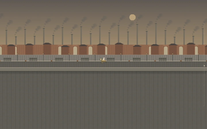 A rabbit’s time machine travels through a warm brick city with smokestacks in Wonderhop Past mode.