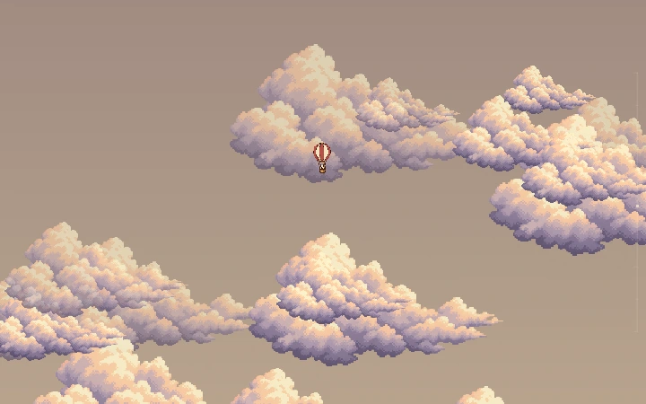 A rabbit in a hot air balloon floats between pixel-art clouds in Wonderhop Sky mode.